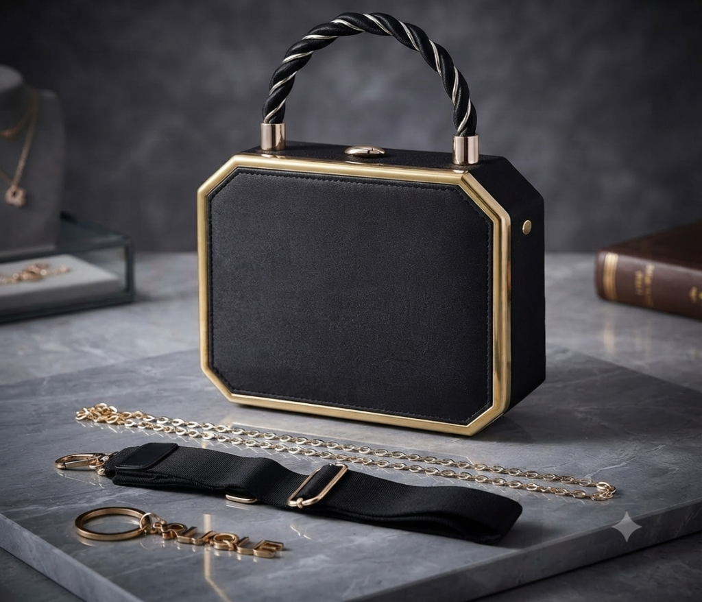 black structured clutch with gold trim