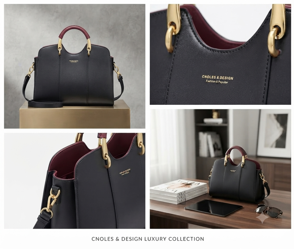 black structured handbag multiple views