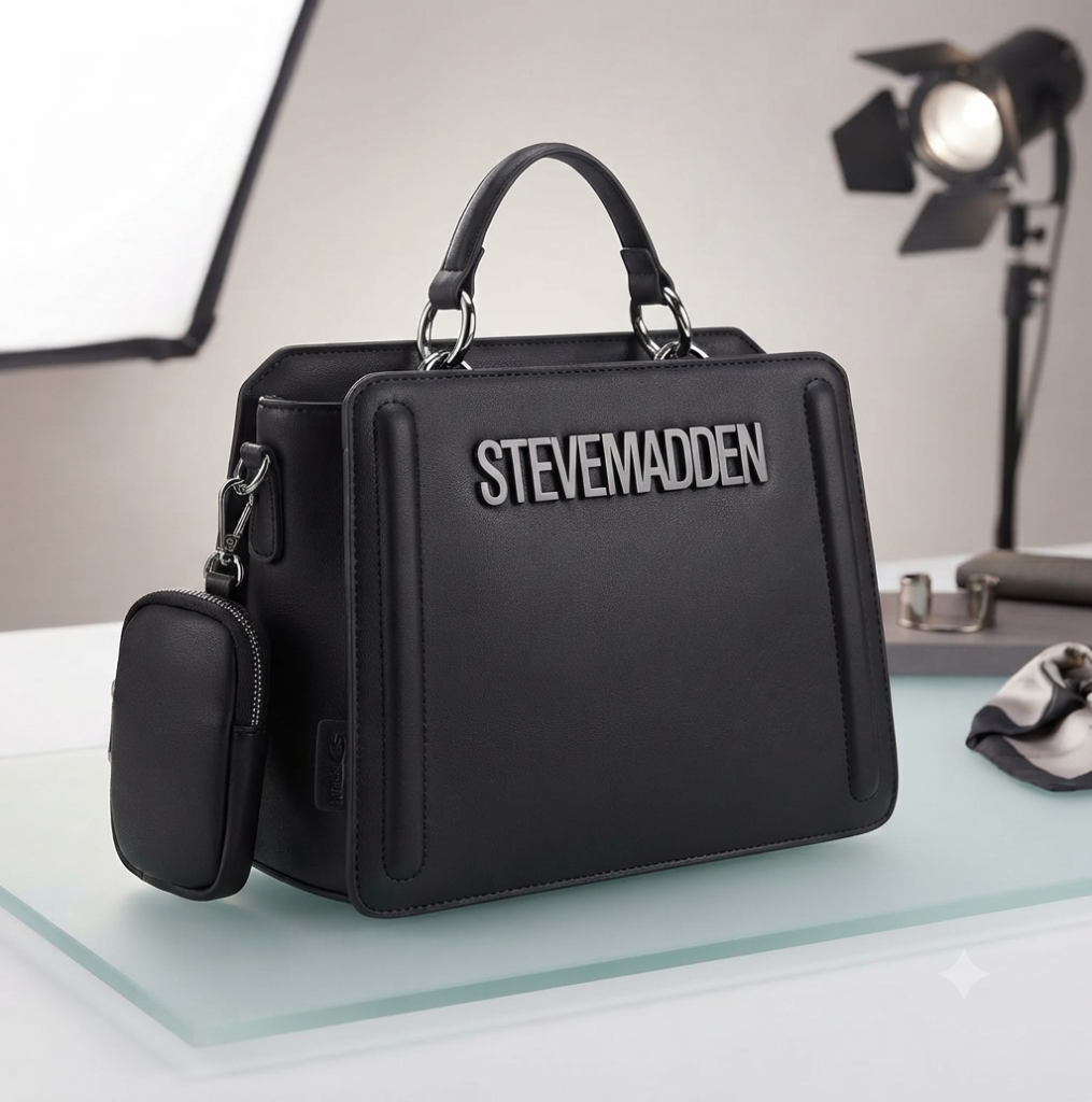 black structured handbag with detachable pouch