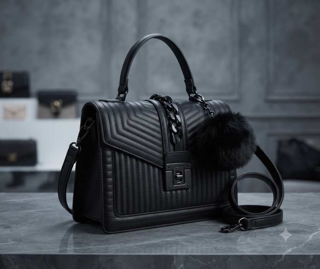 matte black quilted satchel crossbody bag with faux fur pom pom